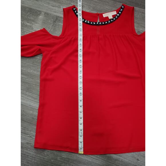 Michael Kors Red Long Sleeve Cold Shoulder Beaded Crew Neck Blouse Shirt Top - Picture 8 of 10